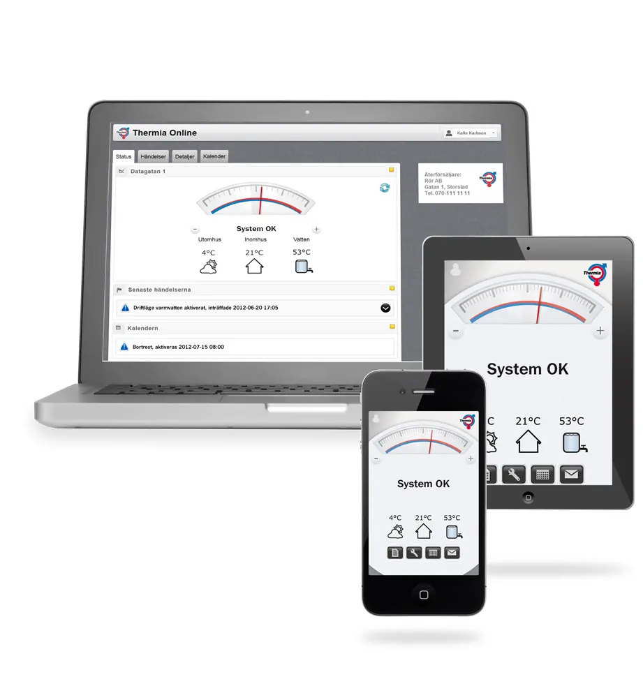 Thermia Online software vises på computerskærm, tablet og smartphone.